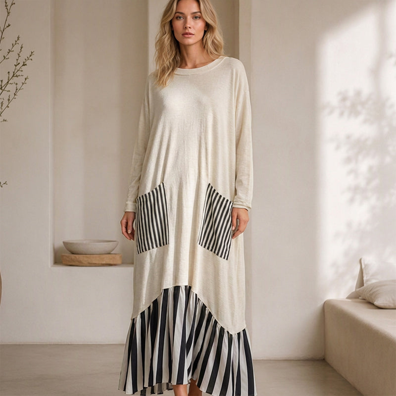 👗Damen Maxikleid mit Streifen-Patchwork und langen Ärmeln👗