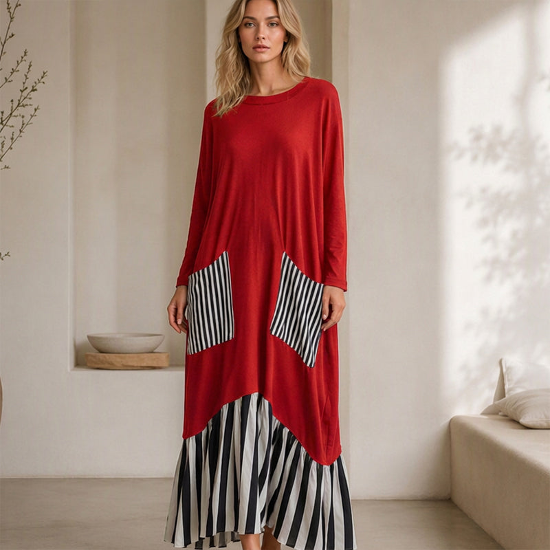 👗Damen Maxikleid mit Streifen-Patchwork und langen Ärmeln👗