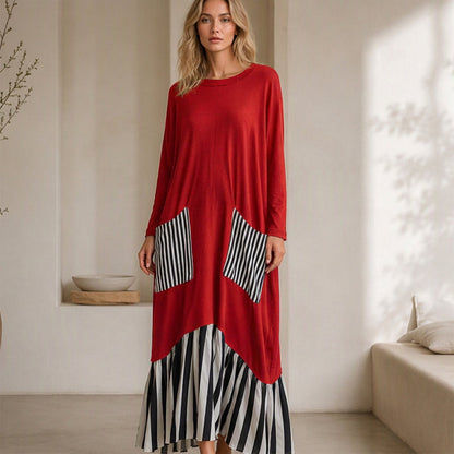 👗Damen Maxikleid mit Streifen-Patchwork und langen Ärmeln👗