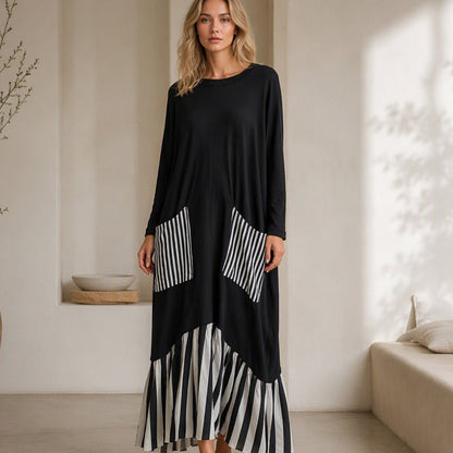 👗Damen Maxikleid mit Streifen-Patchwork und langen Ärmeln👗