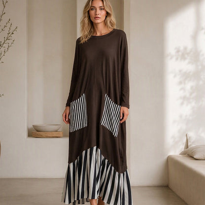 👗Damen Maxikleid mit Streifen-Patchwork und langen Ärmeln👗