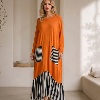 👗Damen Maxikleid mit Streifen-Patchwork und langen Ärmeln👗