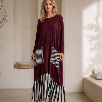 👗Damen Maxikleid mit Streifen-Patchwork und langen Ärmeln👗