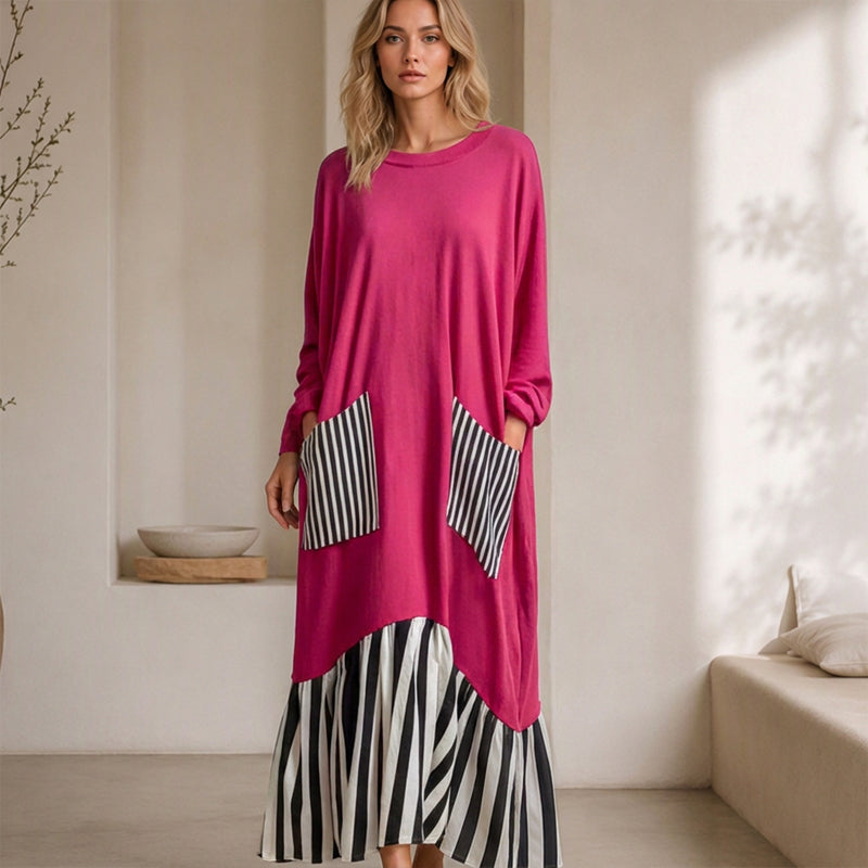 👗Damen Maxikleid mit Streifen-Patchwork und langen Ärmeln👗