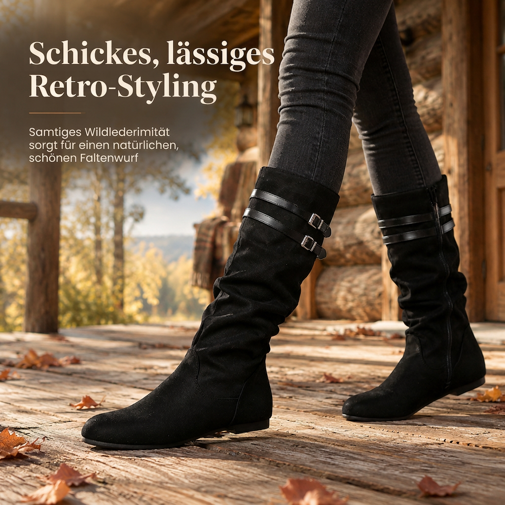 Damen Slouch-Stiefel in Wildlederoptik mit Doppelschnalle