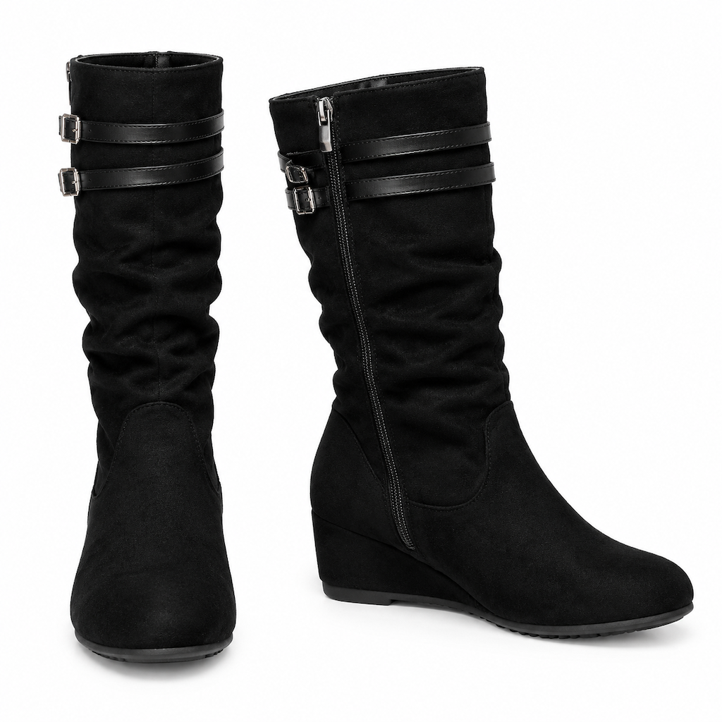 Damen Slouch-Stiefel in Wildlederoptik mit Doppelschnalle