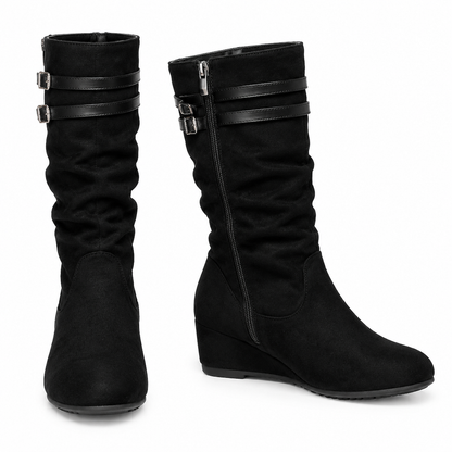 Damen Slouch-Stiefel in Wildlederoptik mit Doppelschnalle