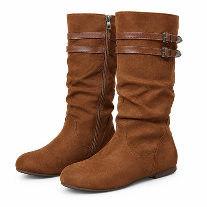 Damen Slouch-Stiefel in Wildlederoptik mit Doppelschnalle