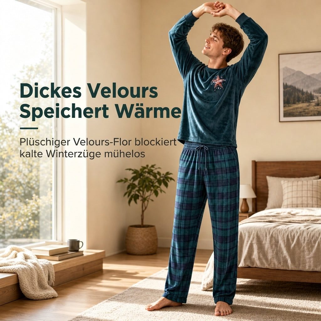 Zweiteiliges Loungewear-Set mit grünem Langarmshirt und grünen karierten Hosen