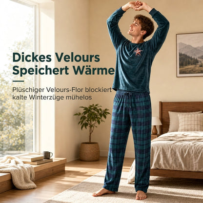 Zweiteiliges Loungewear-Set mit grünem Langarmshirt und grünen karierten Hosen