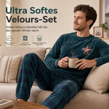 Zweiteiliges Loungewear-Set mit grünem Langarmshirt und grünen karierten Hosen