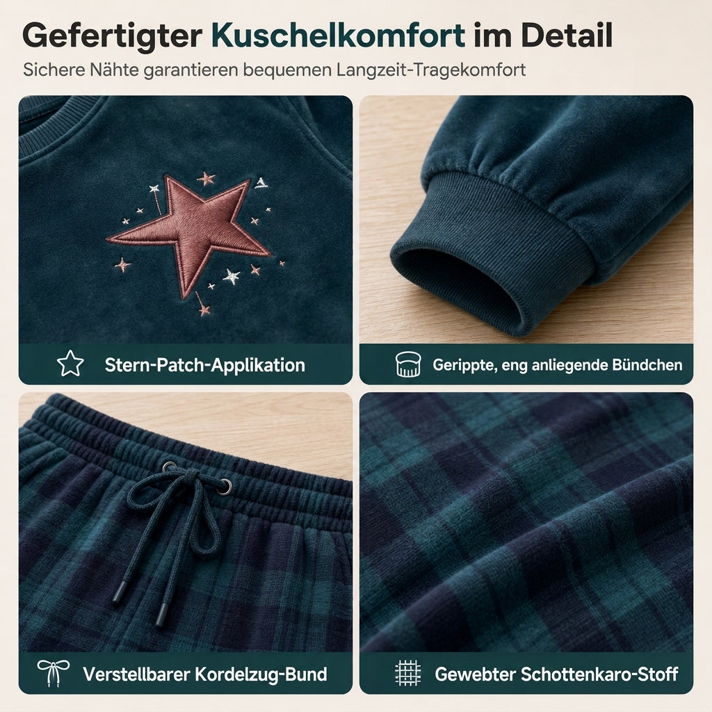 Zweiteiliges Loungewear-Set mit grünem Langarmshirt und grünen karierten Hosen