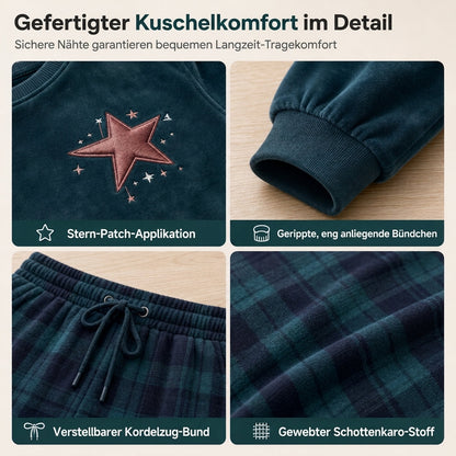Zweiteiliges Loungewear-Set mit grünem Langarmshirt und grünen karierten Hosen