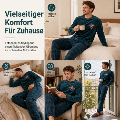 Zweiteiliges Loungewear-Set mit grünem Langarmshirt und grünen karierten Hosen