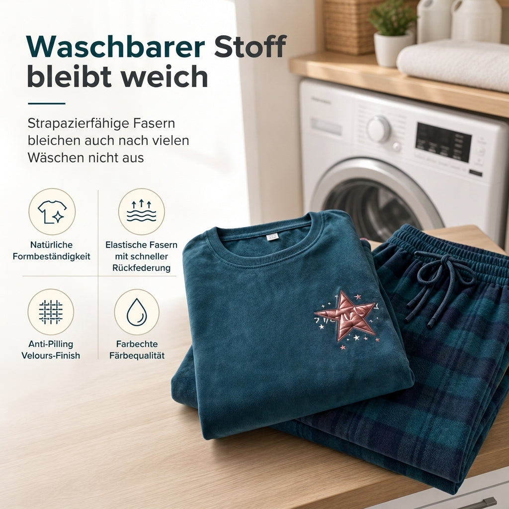 Zweiteiliges Loungewear-Set mit grünem Langarmshirt und grünen karierten Hosen