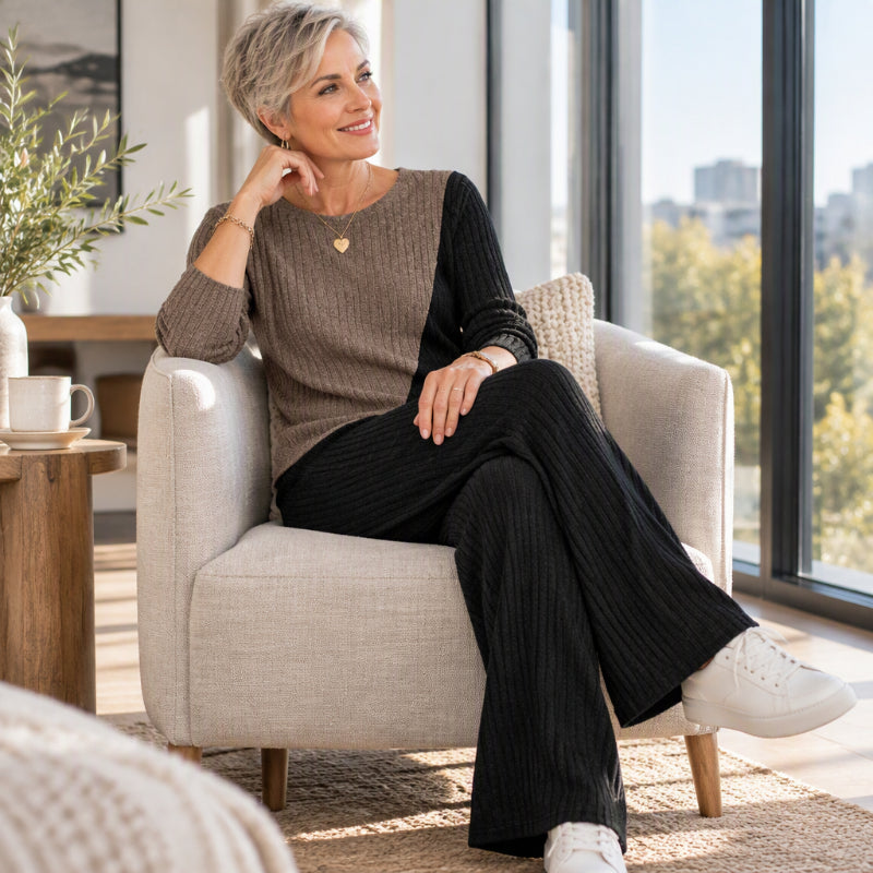 💞Freizeitliches 2-Teiligem Set aus Rippstrick mit Color-Block für Damen