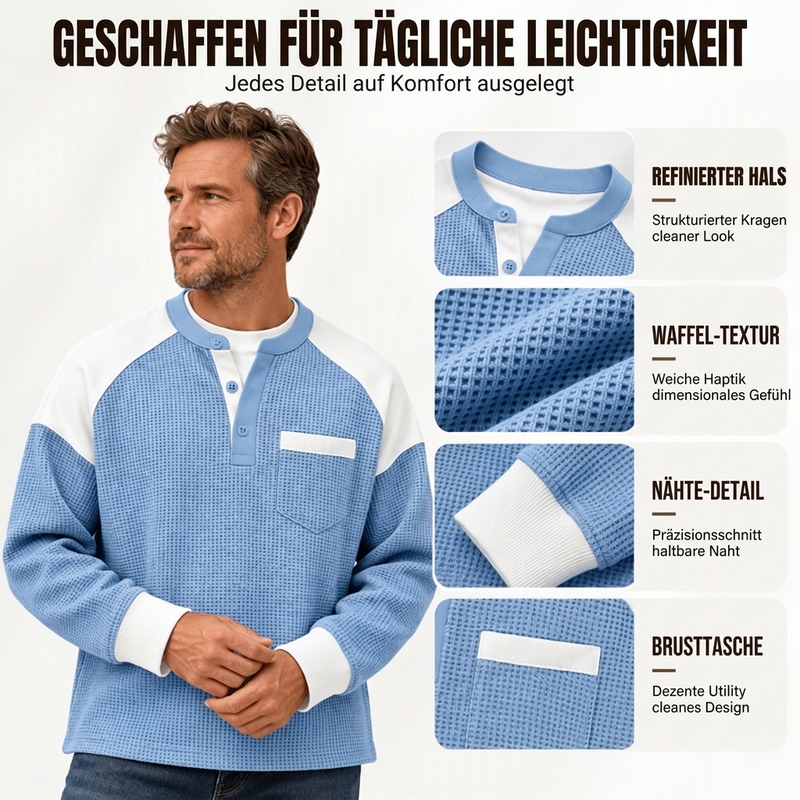 Freizeit-Henley-Oberteil für Herren mit Farbblock-Design und Waffelstrick