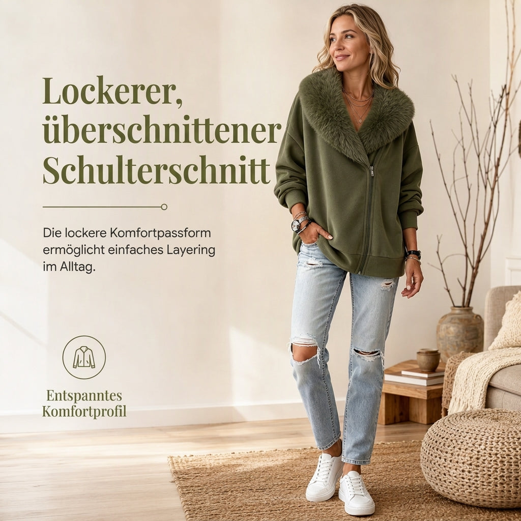 Entspannter Damenmantel mit Plüschimitatkragen und asymmetrischem Reißverschluss