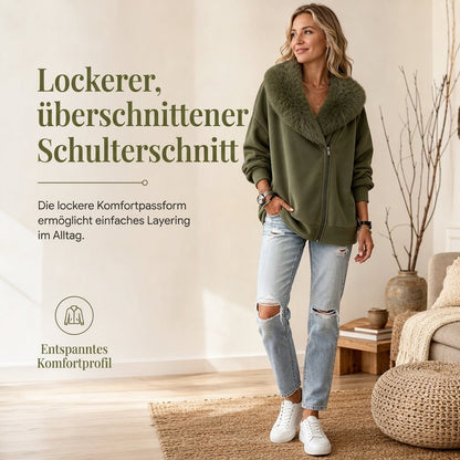 Entspannter Damenmantel mit Plüschimitatkragen und asymmetrischem Reißverschluss