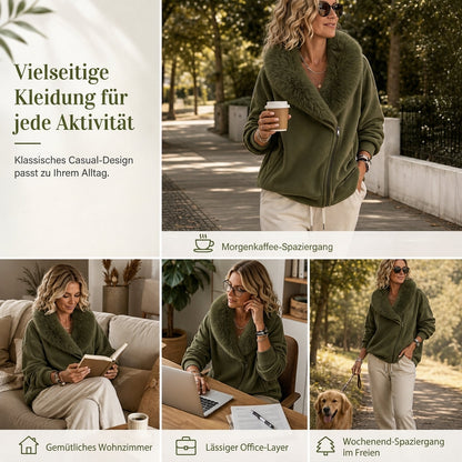 Entspannter Damenmantel mit Plüschimitatkragen und asymmetrischem Reißverschluss