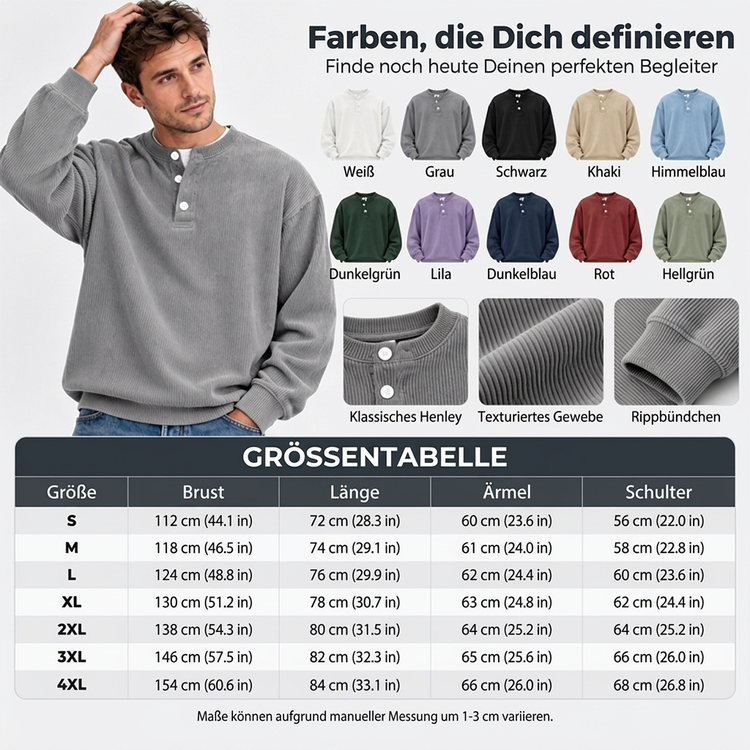 🥳Millionenfach bewährt!🥳 Lässiges Cord-Langarm-Henley-Shirt für Herren