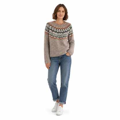 Locker sitzender Damen-Strickpullover mit Rundhalsausschnitt und Farbblock-Design