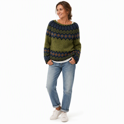 Locker sitzender Damen-Strickpullover mit Rundhalsausschnitt und Farbblock-Design