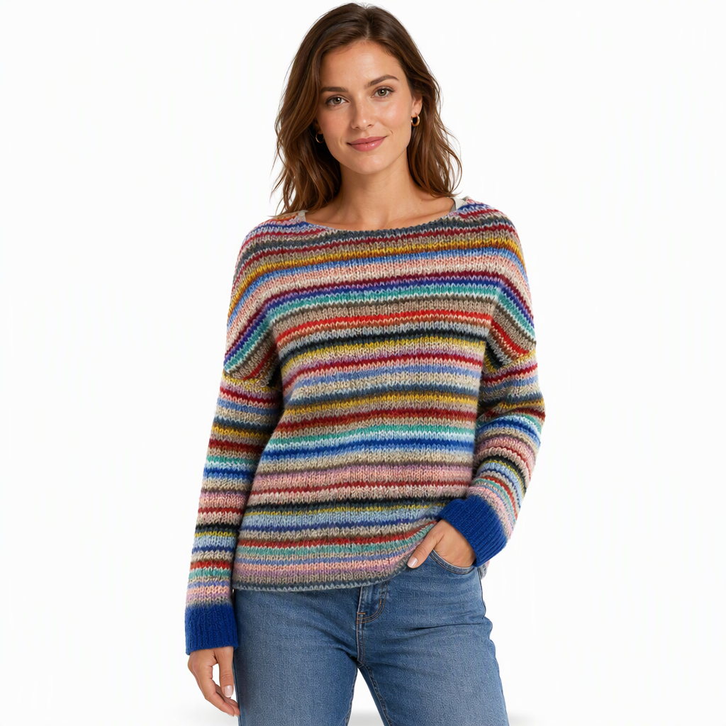 Locker sitzender Damen-Strickpullover mit Rundhalsausschnitt und Farbblock-Design