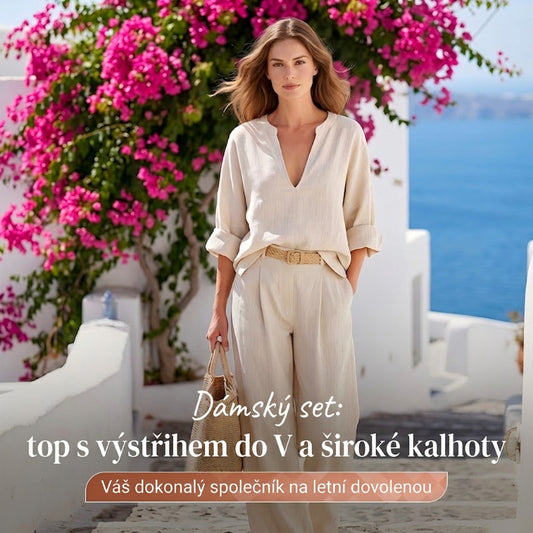 🍃Dámský set s výstřihem do V a širokými nohavicemi - 2dílný set🌺